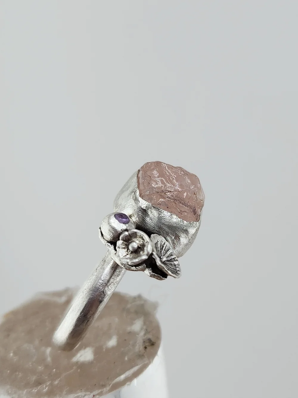 ROSE QUARTZ & AMETHYST FLOWER RING HANDMADE IN STERLING SILVER 7.5